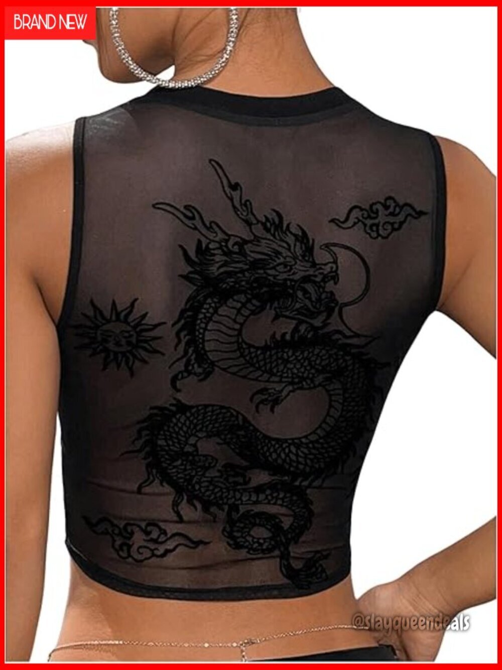 Sleeveless Crew Neck Sheer Mesh Crop Top Dragon Print Stretch Tank